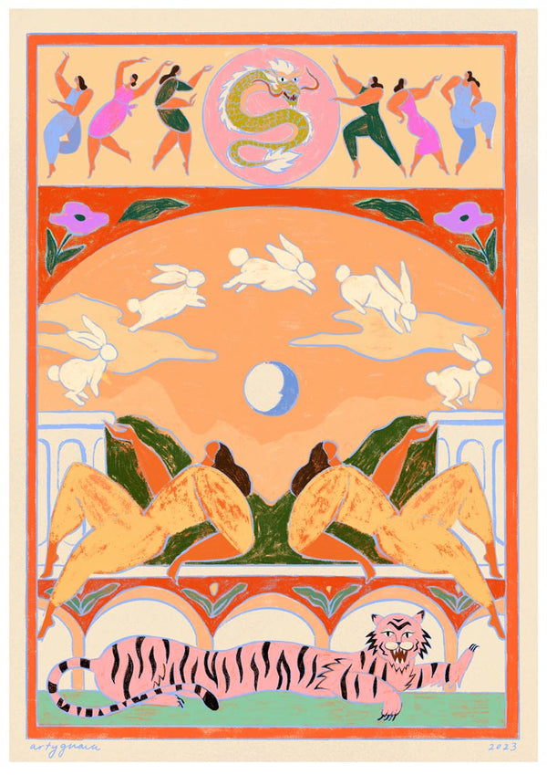 Colorful artwork of rabbits leaping over a moon, with dancing figures, a tiger, and vibrant decorative elements.