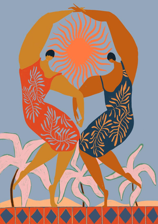 Two women in patterned dresses dance together under a radiant sun, symbolizing unity and sisterhood.