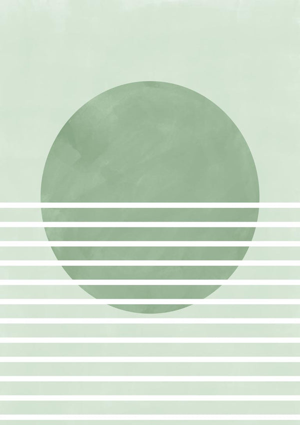 Minimalist art of a green circle with white horizontal lines, representing Green Horizon Lines wall decor.