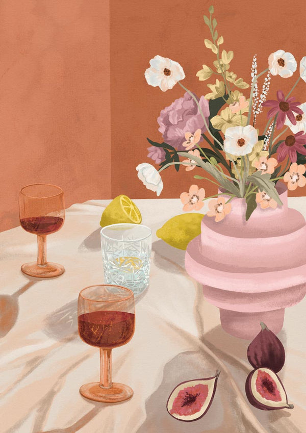 Illustration of a table with figs, lemon, wine glasses, and a pink vase with flowers for Summer Stories - Goed Blauw.
