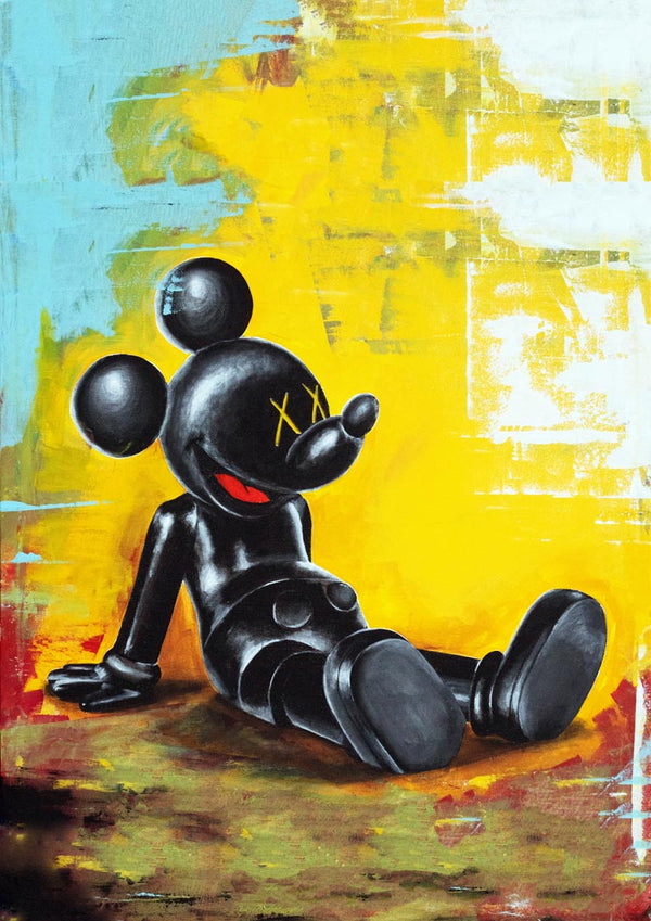 Kawsey Relax Colour by Daniel Leo — acrylic pop art painting of a reclining black cartoon figure on a yellow and turquoise ground