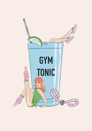 Gym Tonic poster by Lisen Vennesland with a giant blue drink glass and retro aerobics figures