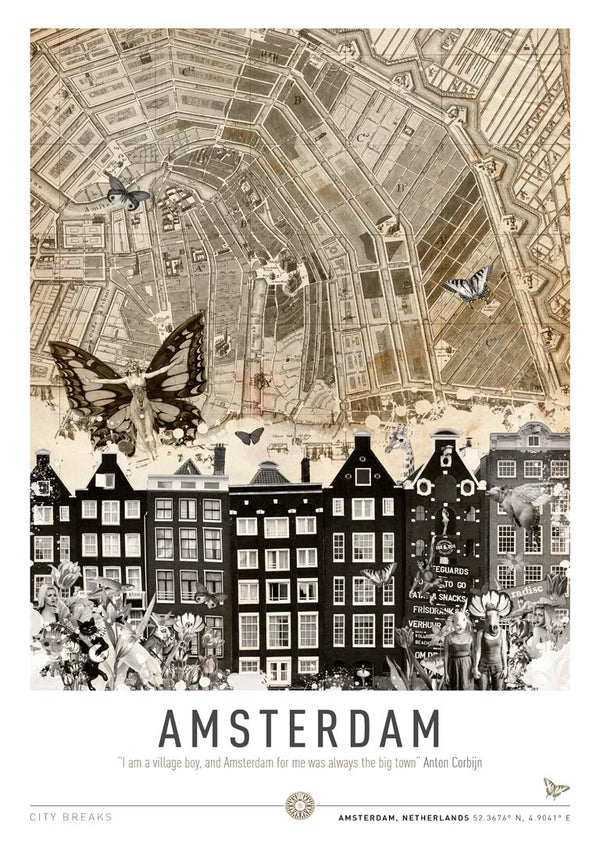 Artistic poster featuring Amsterdam city map, canal houses, butterflies, and collage elements. Title: "AMSTERDAM."