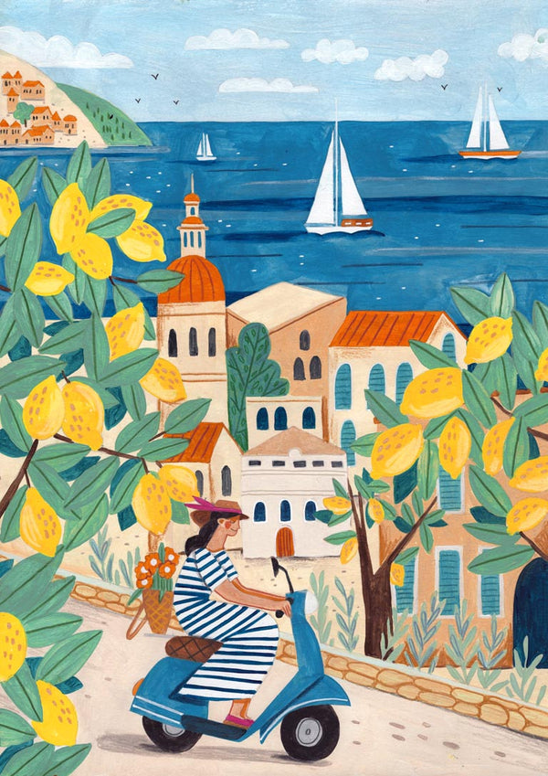 Woman on a scooter with lemons, Amalfi coast town, and sailboats in the background. Travel poster art style.