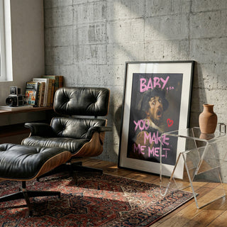Framed "Untitled - Dikhotomy" artwork leaning against a wall in a modern living room with leather chair.