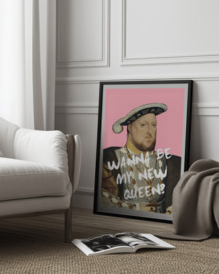 Framed King Henry VIII New Queen - Talitha McQueen artwork leaning against wall in modern living room.