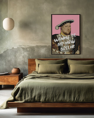 Framed King Henry VIII New Queen - Talitha McQueen print hanging above a modern bed in a stylish bedroom.
