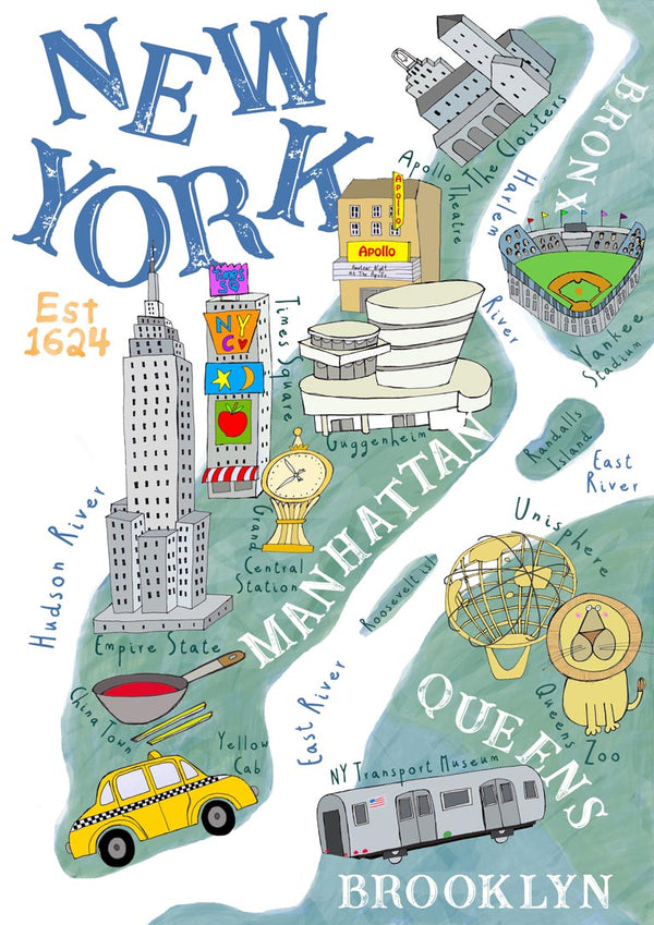 Illustrated map of New York City with landmarks and boroughs, featuring playful drawings by Carla Daly.