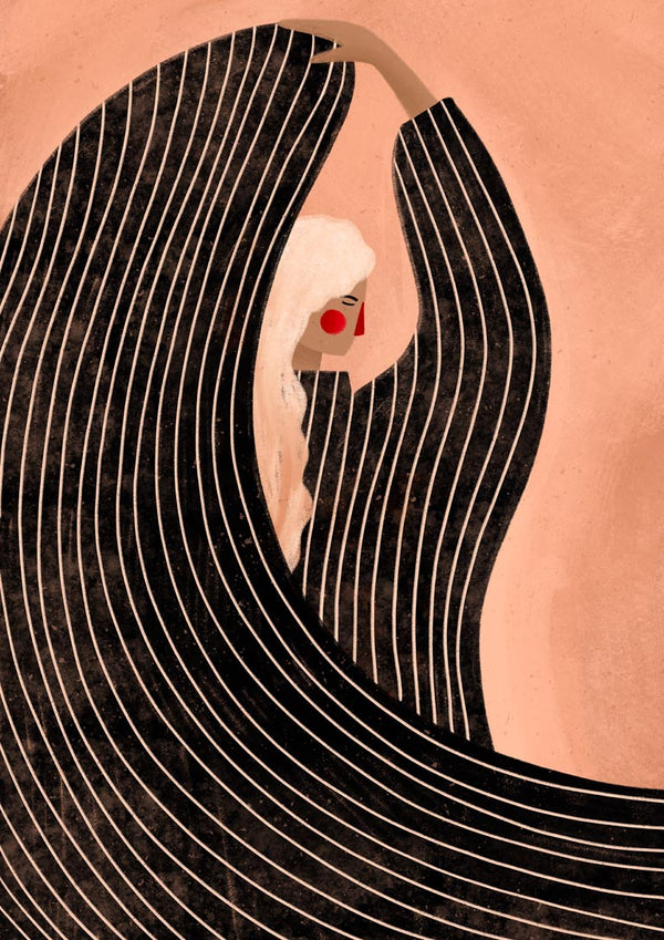 Abstract illustration of a woman in a flowing black dress with white lines, featured on "The Woman With the Black Dress."