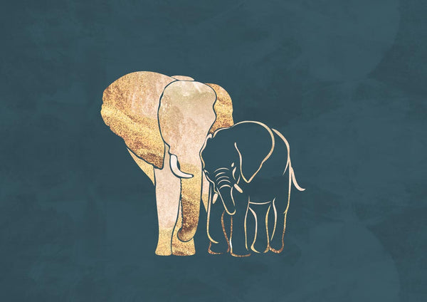 Artwork of a gold-toned elephant mother with her baby on a dark background, by Sarah Manovski.