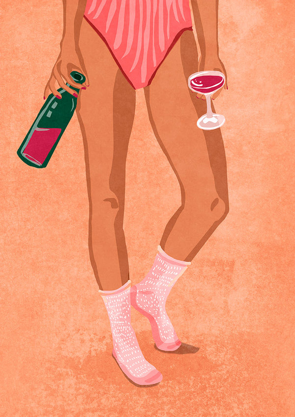 Illustration of a woman in pink socks holding wine bottle and glass, for Wine and socks - Raissa Oltmanns.