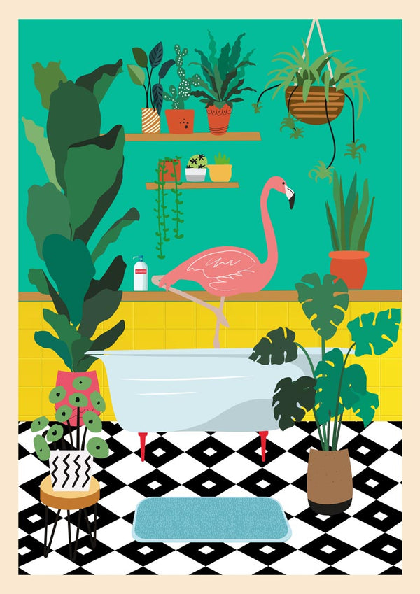 Illustrated wallchart of a flamingo at a bathtub, surrounded by lush houseplants in a colorful bathroom.