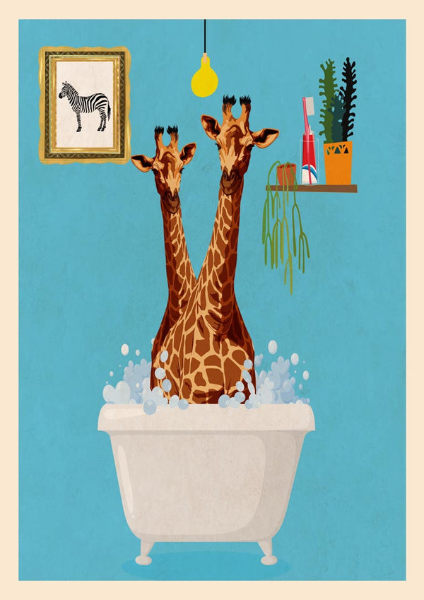 Two giraffes in a bathtub with bubbles, surrounded by bathroom decor, on a blue background.