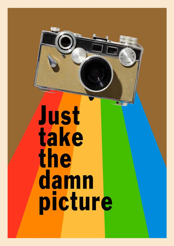 Poster with a vintage camera and rainbow beams, text reads "Just take the damn picture" on product wallchart.