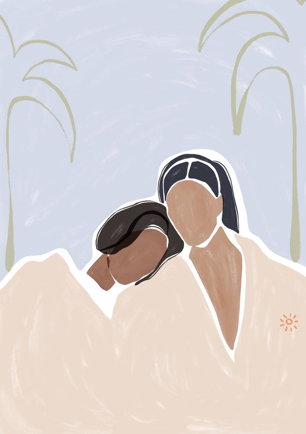 Abstract art of two women embracing with palm trees in the background, featured on Girlfriends - Ivy Green product page.