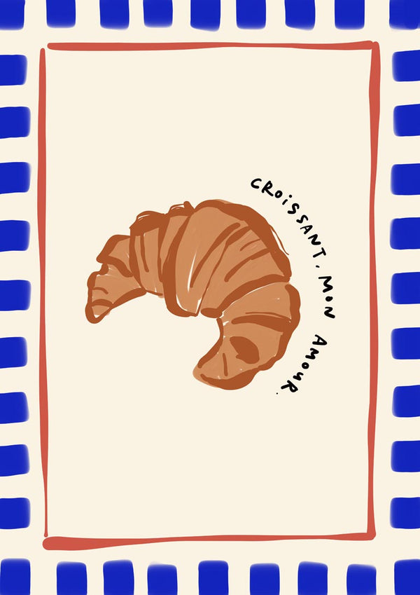 Illustration of a croissant with "Croissant Mon Amour" text, framed by a blue and red border.
