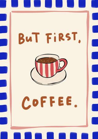 Illustration of a red-striped coffee cup with the text "But First, Coffee" on a decorative product page.