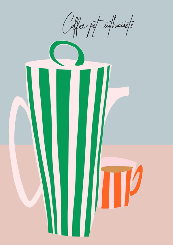 Stylish green striped coffee pot and orange-striped cup, perfect for coffee pot enthusiasts.