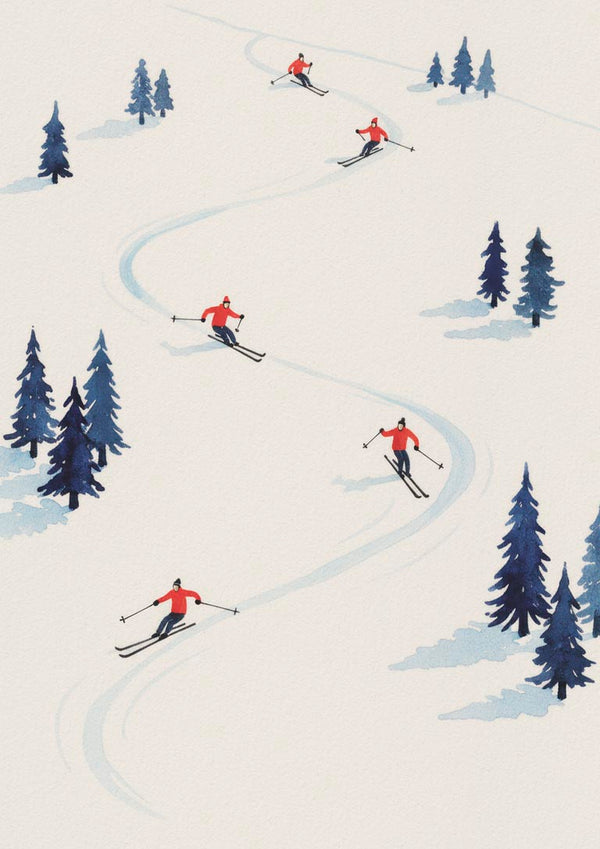 Five skiers in red outfits carving down a snowy slope among scattered evergreen trees.