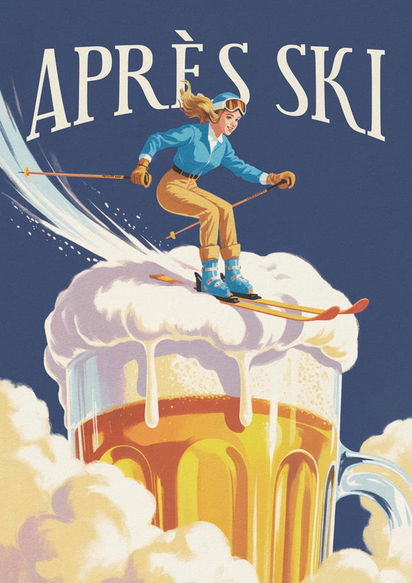 Vintage-style poster of a woman skiing atop the foam on a large beer mug, with "Après Ski" text above.