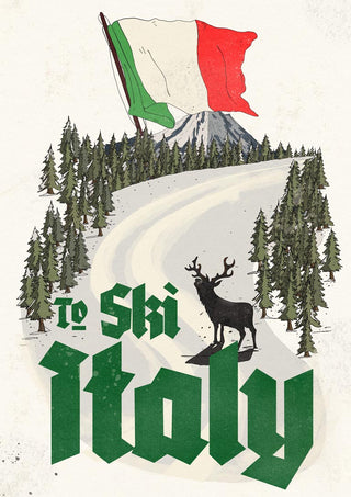 Vintage postcard of a snowy ski trail in Italy with trees, a stag, and an Italian flag on a mountain.