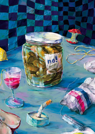 Messy Kitchen Table Still Life by Natascha Baumgärtner – pickle jar, wine glass and leftovers on a blue table
