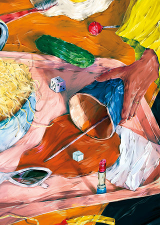 Vibrant Everyday Still Life by Natascha Baumgärtner – fried egg, noodles, lipstick and sunglasses on a pink table