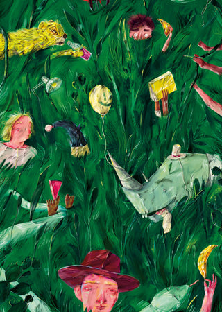 Whimsical Jungle World by Natascha Baumgärtner – cheetah, rhino and hidden faces peeking from tall green grass