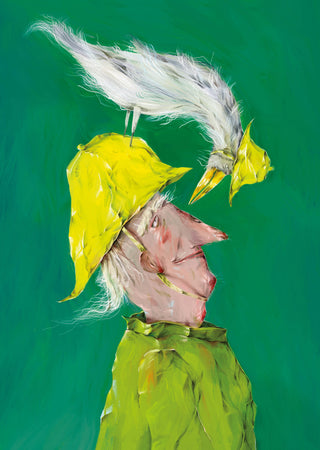 Whimsical Man with Bird by Natascha Baumgärtner – old man in a yellow hat with a white bird perched on top