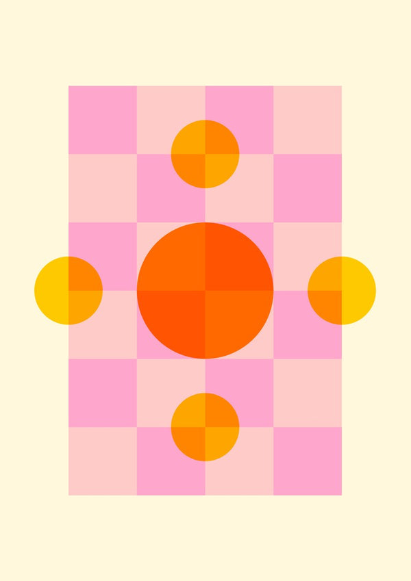 Solar Play by Nanna Paavig, a large orange circle on a pink checkerboard with yellow circles on a butter-yellow ground