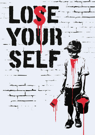 Lose Yourself by Dikhotomy — stencil boy with a red paint bucket beside dripping black lettering on a brick wall