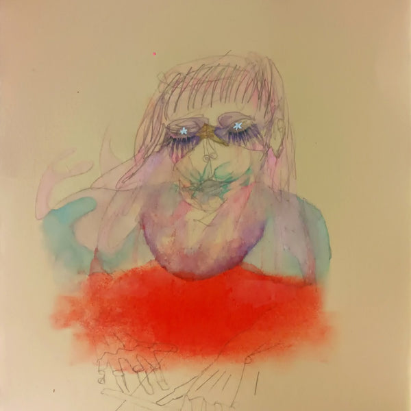 DayDream by Alice Ruja — a pencil and watercolour portrait with star-pupilled eyes above an orange-red cloud on a cream ground.