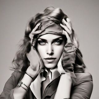 Velvet Mirage by Devour Art - a woman framing her face with her hands and a silk scarf in warm grey