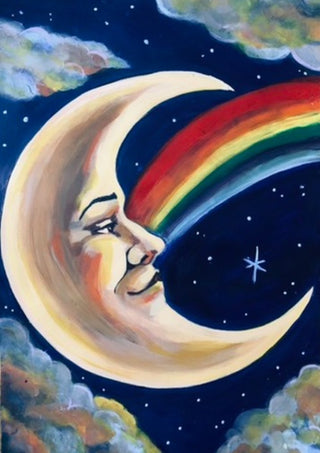 Moon and Rainbow by Art By Biba - a cream crescent moon with a human face and a rainbow on a starry navy sky