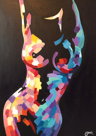 Mosaic Nude in Colour by Art By Biba - a standing figure built from coral, blue and violet patches on black