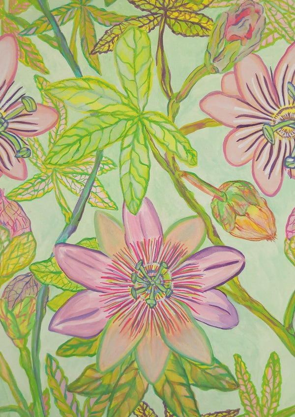 Passiflora lilla by Maria Emanuela Fiori - lilac passion flowers with crimson filaments on pale green