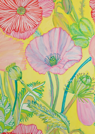 Papaveri viola by Maria Emanuela Fiori - pale pink and striped red poppies on a flat lemon yellow ground