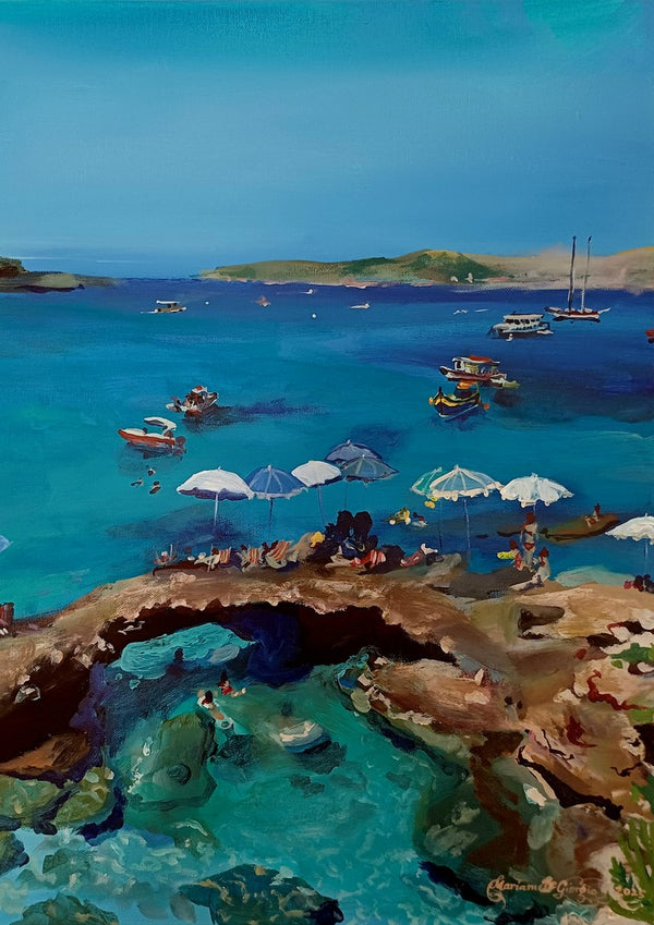 Blue lagoon in late May by Mariam De Giorgio - parasols and swimmers on a rocky headland above turquoise water