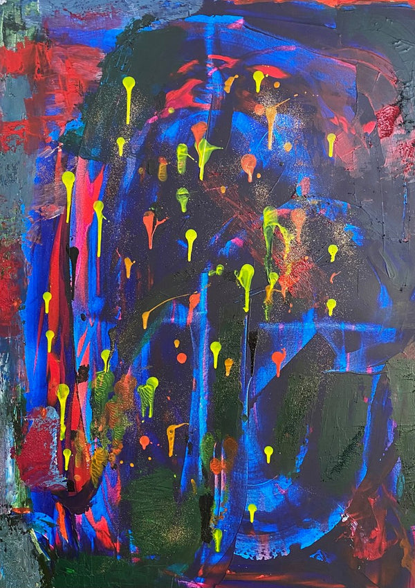 Wish by Maria-Tia - electric blue and red abstract with neon drips on a dark ground