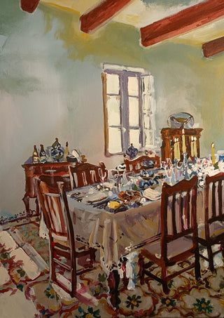 Memory of a Christmas Day lunch by Mariam De Giorgio - Christmas dining table with lace cloth and candles under red beams