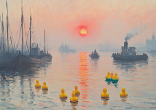 Morning quack by Dikhotomy - yellow rubber ducks floating in a misty Impressionist harbour at sunrise