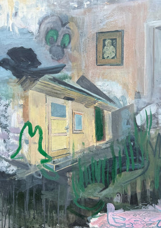 Old memories by Samuel - yellow house among reeds dissolving into grey washes