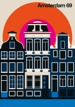Amsterdam 69 by Bo Lundberg - navy canal houses against an orange and hot pink sun