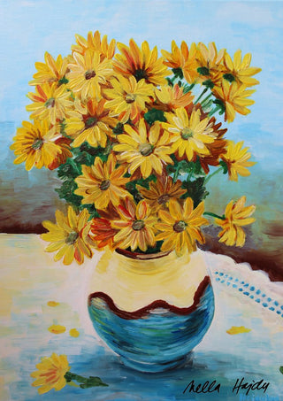 Yellow flowers by Nella Hajdu - yellow daisies in a cream and blue vase