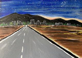Hummock by Fábio Diniz Art - straight road across a brown plain to a city under a starry sky