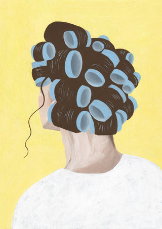 Different solution by Jaron Su - head of dark hair in blue curlers on yellow