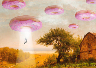 Donut Invasion by Dikhotomy - pink donuts as flying saucers over a golden landscape