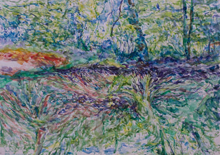 The Other Shore by Dana - river bank in short green and blue watercolour strokes