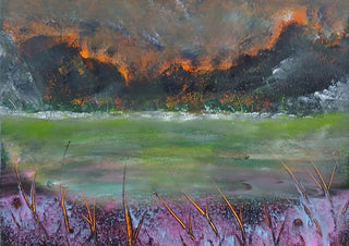 Burning Sky by luco art - dark clouds lit orange above a green meadow and pink flowers
