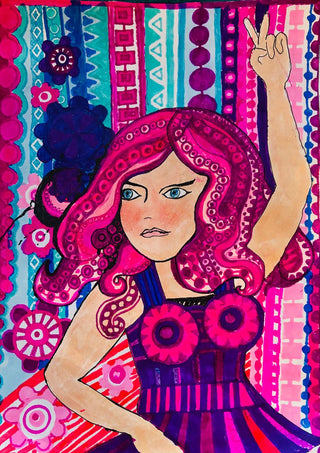 Octopus dancing queen by ALEX - woman with magenta octopus tentacle hair making a peace sign against patterned stripes